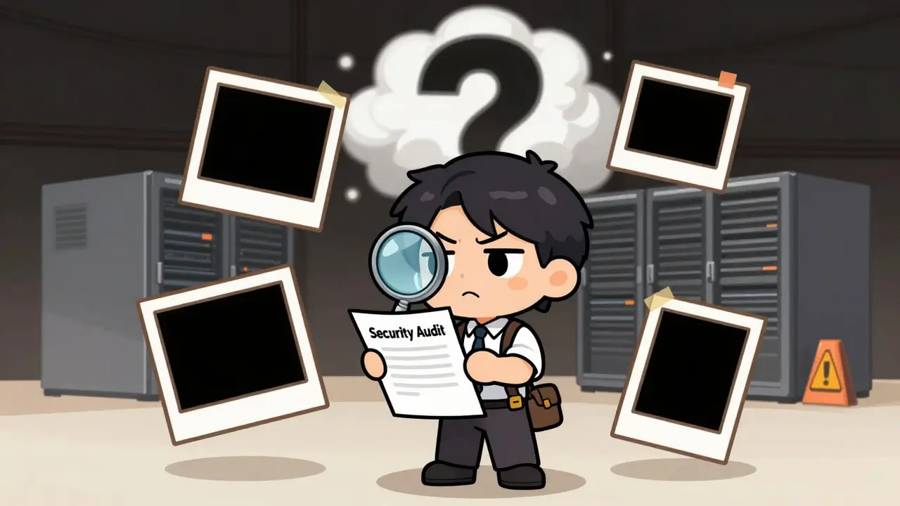 Chibi trader inspecting a blank security document with missing info icons floating around.