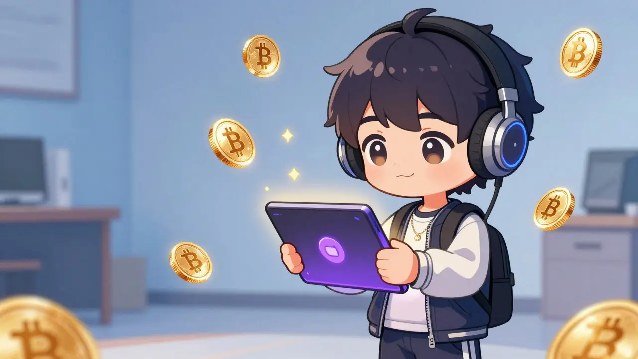Chibi user holding a glowing crypto wallet device