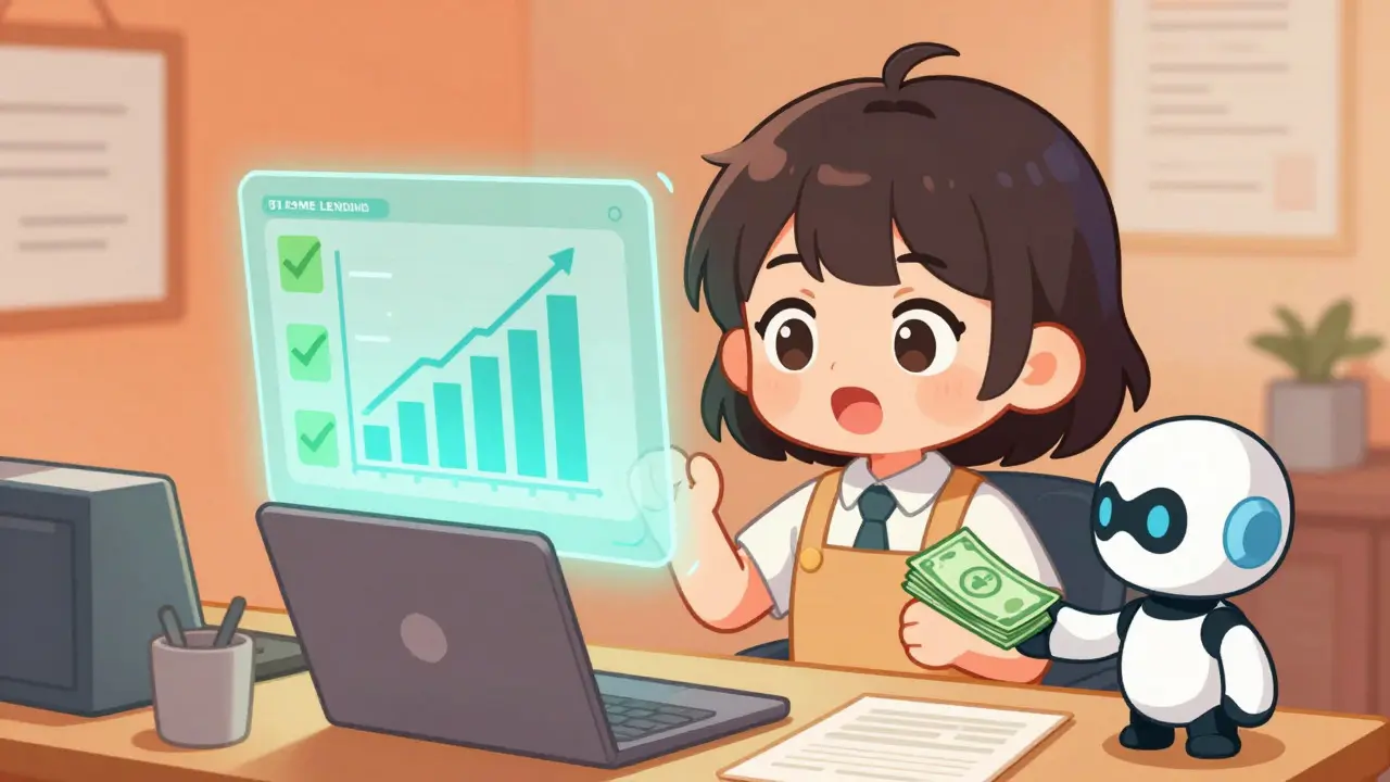 Cute business owner receiving instant loan approval hologram