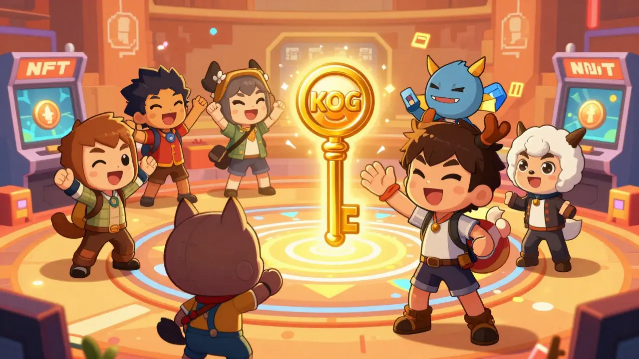 Cute chibi characters playing games with glowing NFT keys in arcade