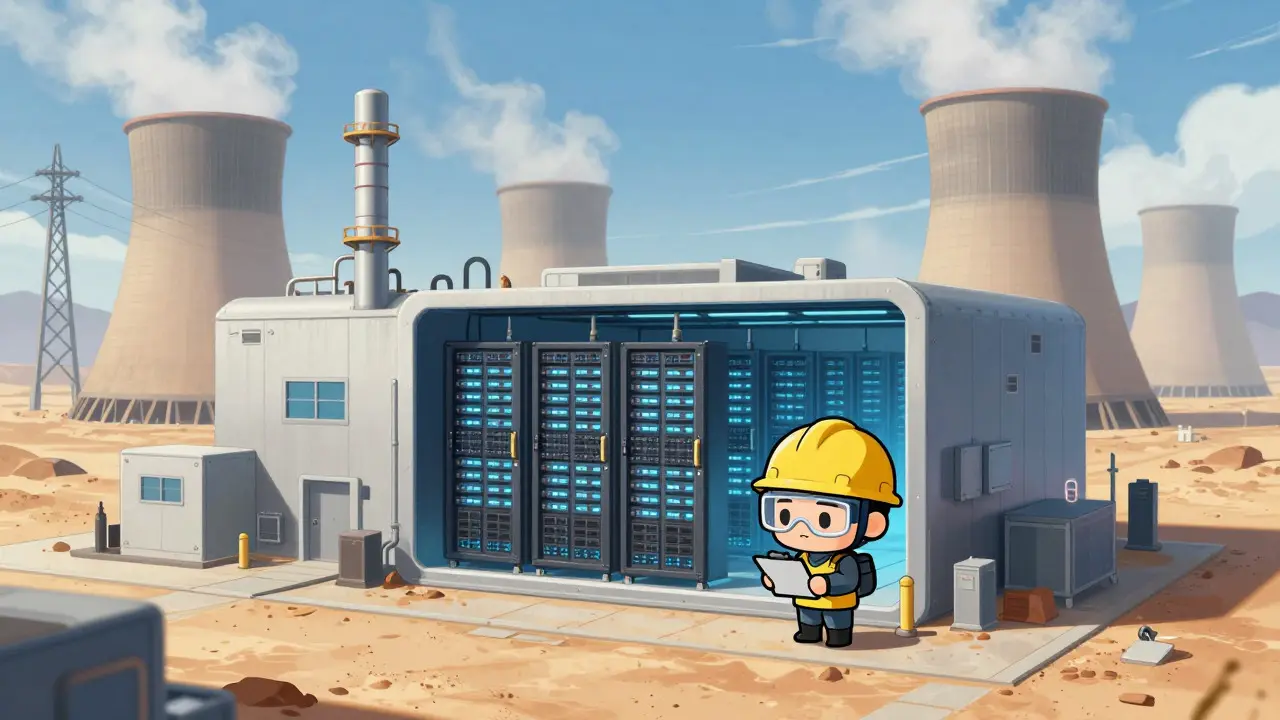Cute chibi engineer inspecting a large cryptocurrency mining farm