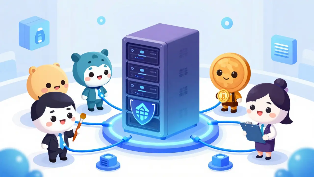 Diverse chibi characters connecting to secure banking server