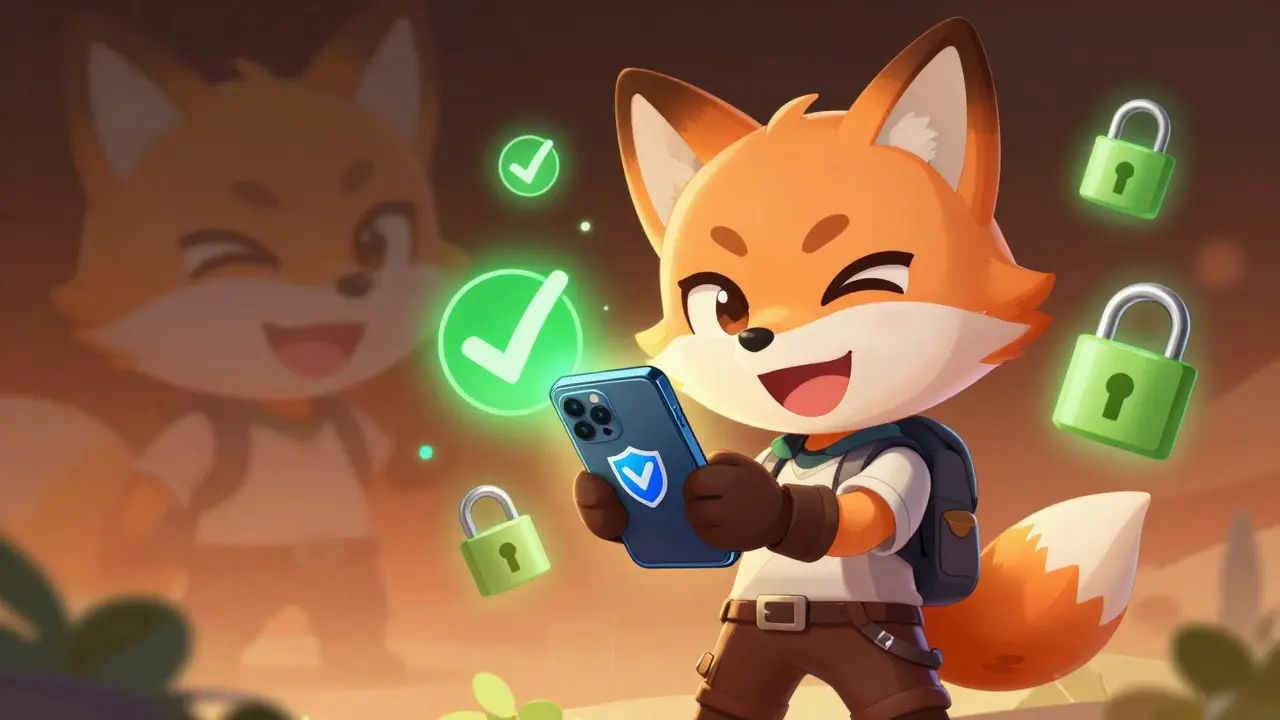 Happy chibi user holding secure wallet apps, avoiding risky sites