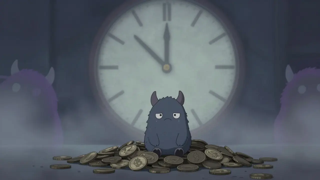 Sad chibi monster sitting on deflated coins in fog