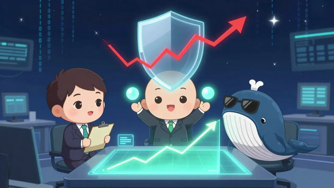Three chibi finance pros around holographic trading table