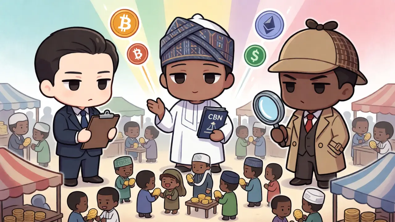 Three chibi regulators overseeing a busy Nigerian crypto trading marketplace