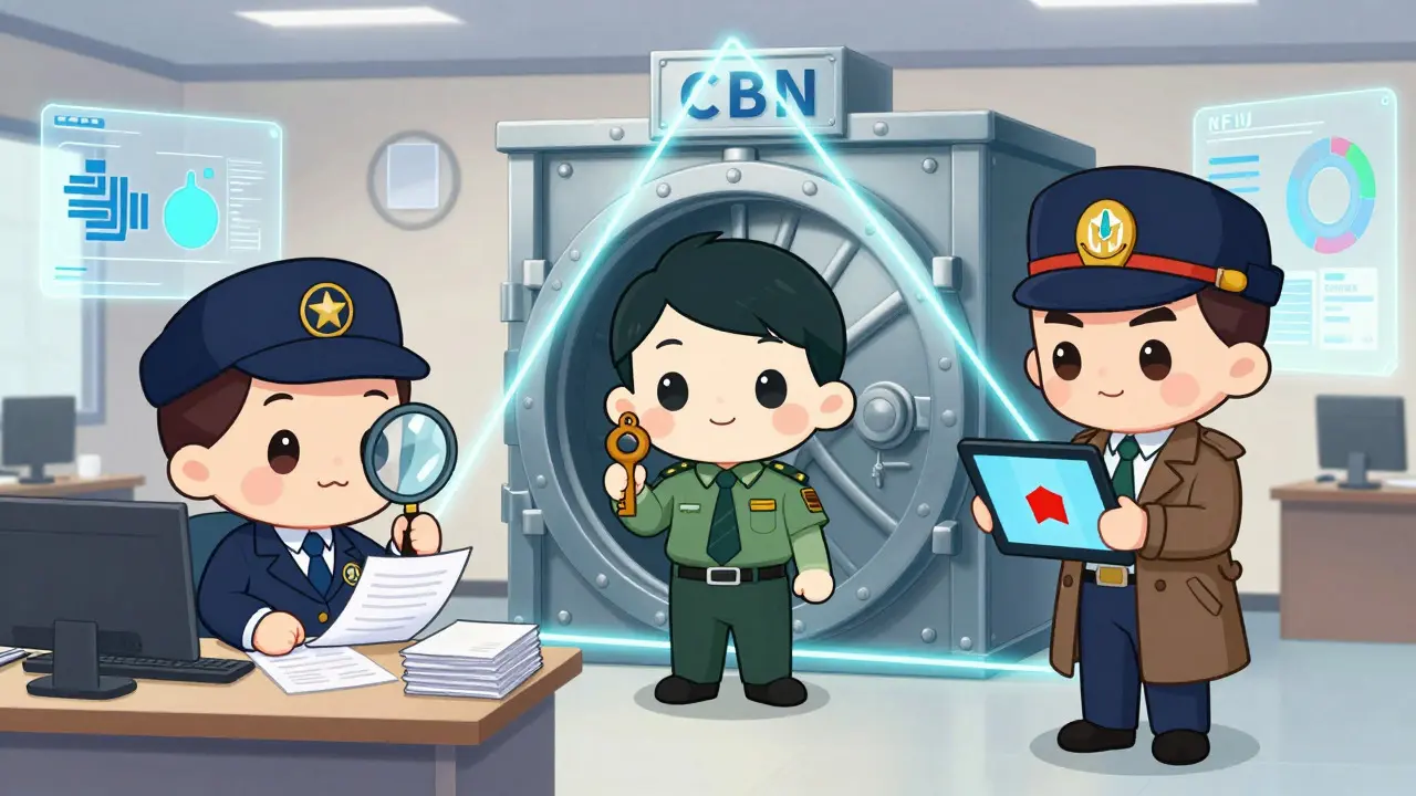Three chibi regulatory officers collaborating in an office with symbolic security icons
