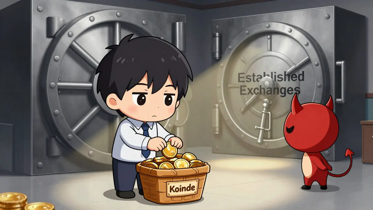Tiny investor risking coins on a shaky basket while watching a safe vault in the distance.