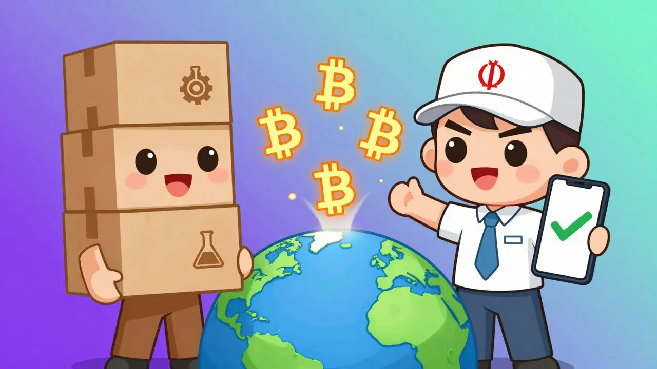 Two chibi traders exchanging goods for Bitcoin across a globe