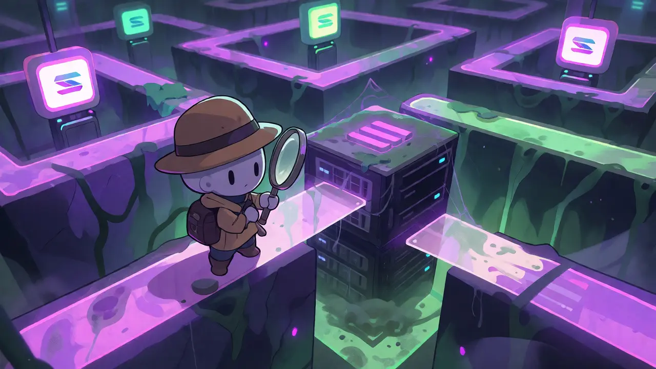 Adventurer exploring a dusty, dormant server rack in a digital maze.
