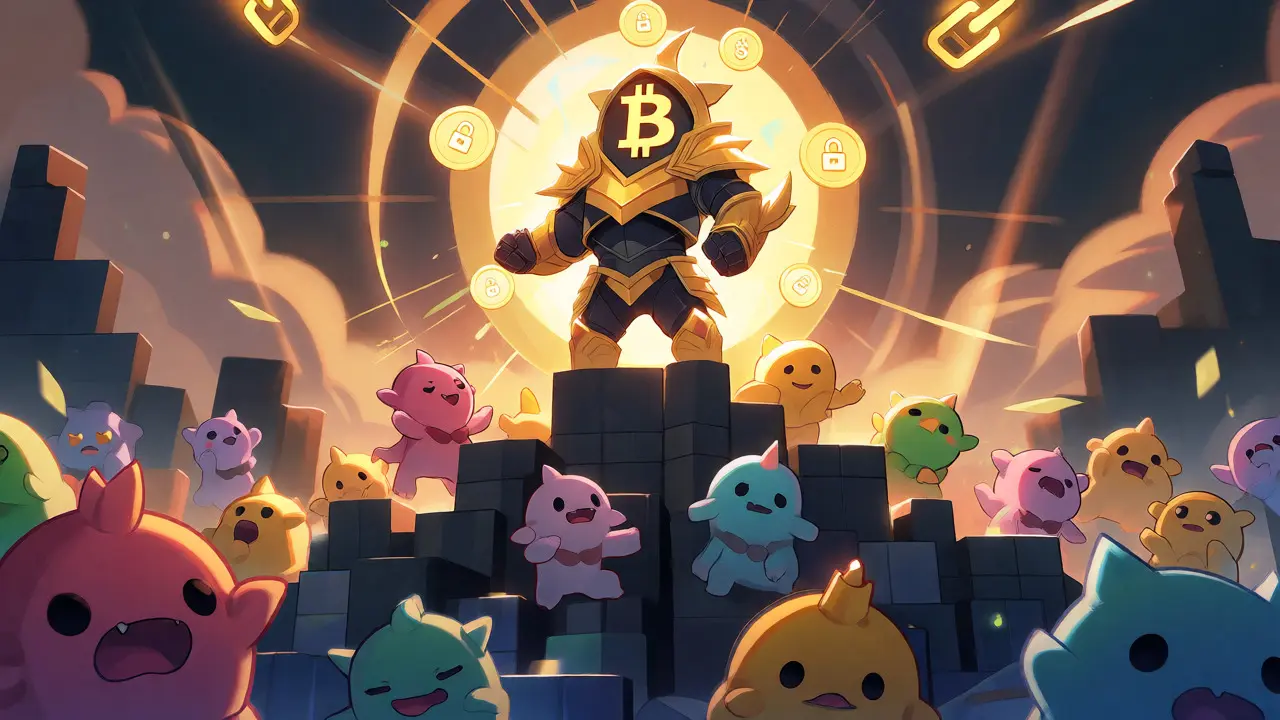 Bitcoin knight dominating smaller altcoins in anime style