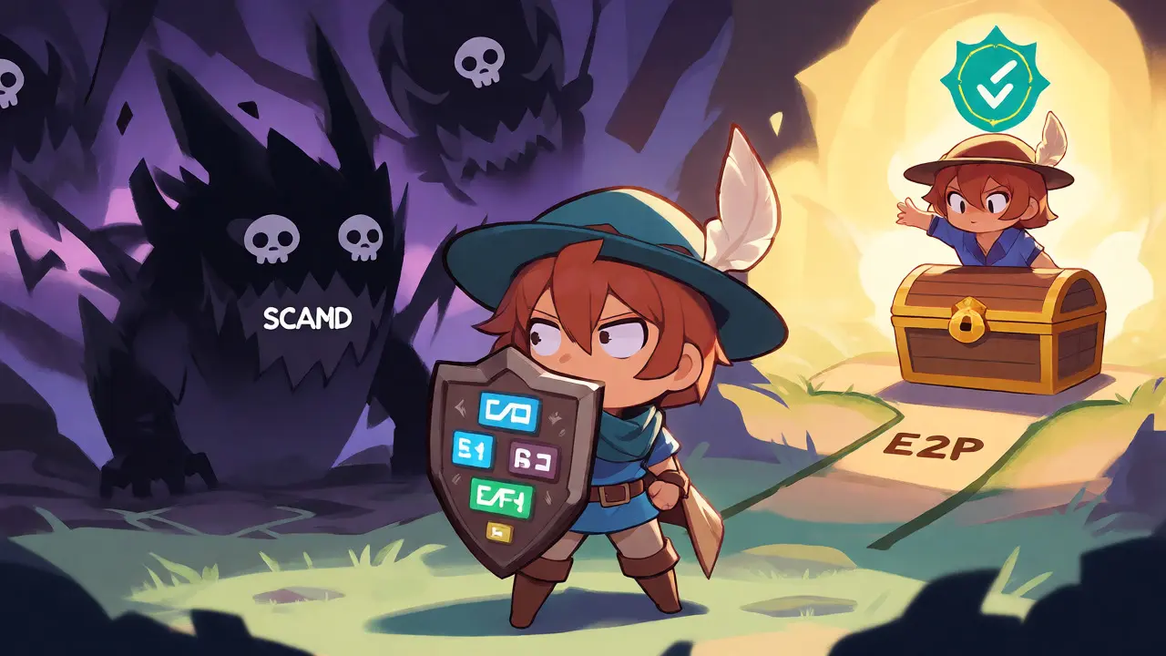 Chibi adventurer avoiding scam monsters while heading toward safe E2P token rewards