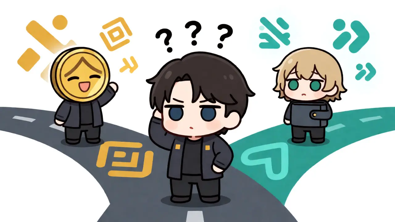 Chibi anime character choosing between BSC and Algorand network paths.
