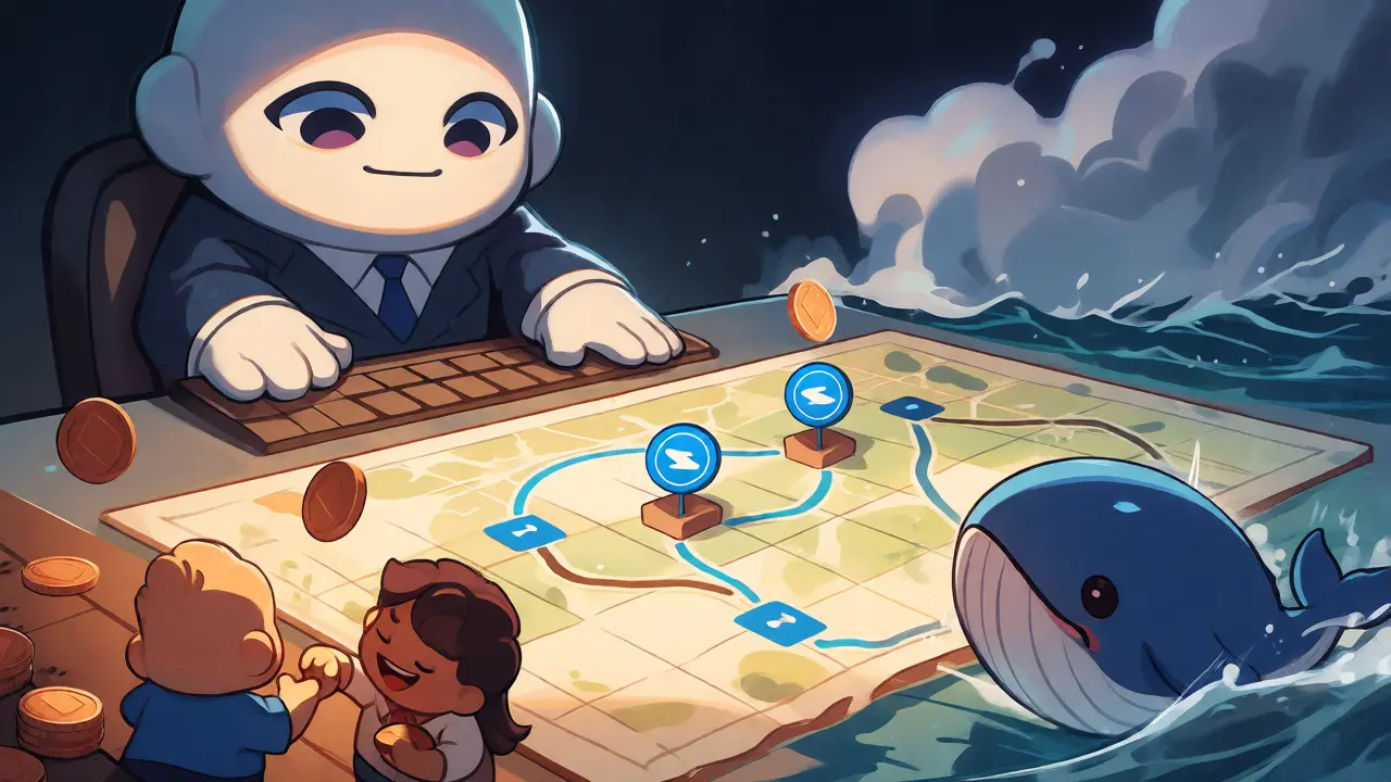 Chibi anime scene showing easy small trades vs difficult large trades on Base.