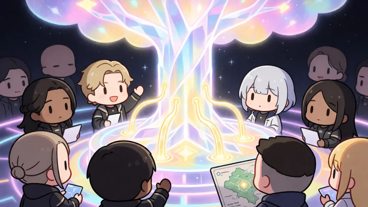 Chibi avatars gathering around a glowing token crystal for DAO voting