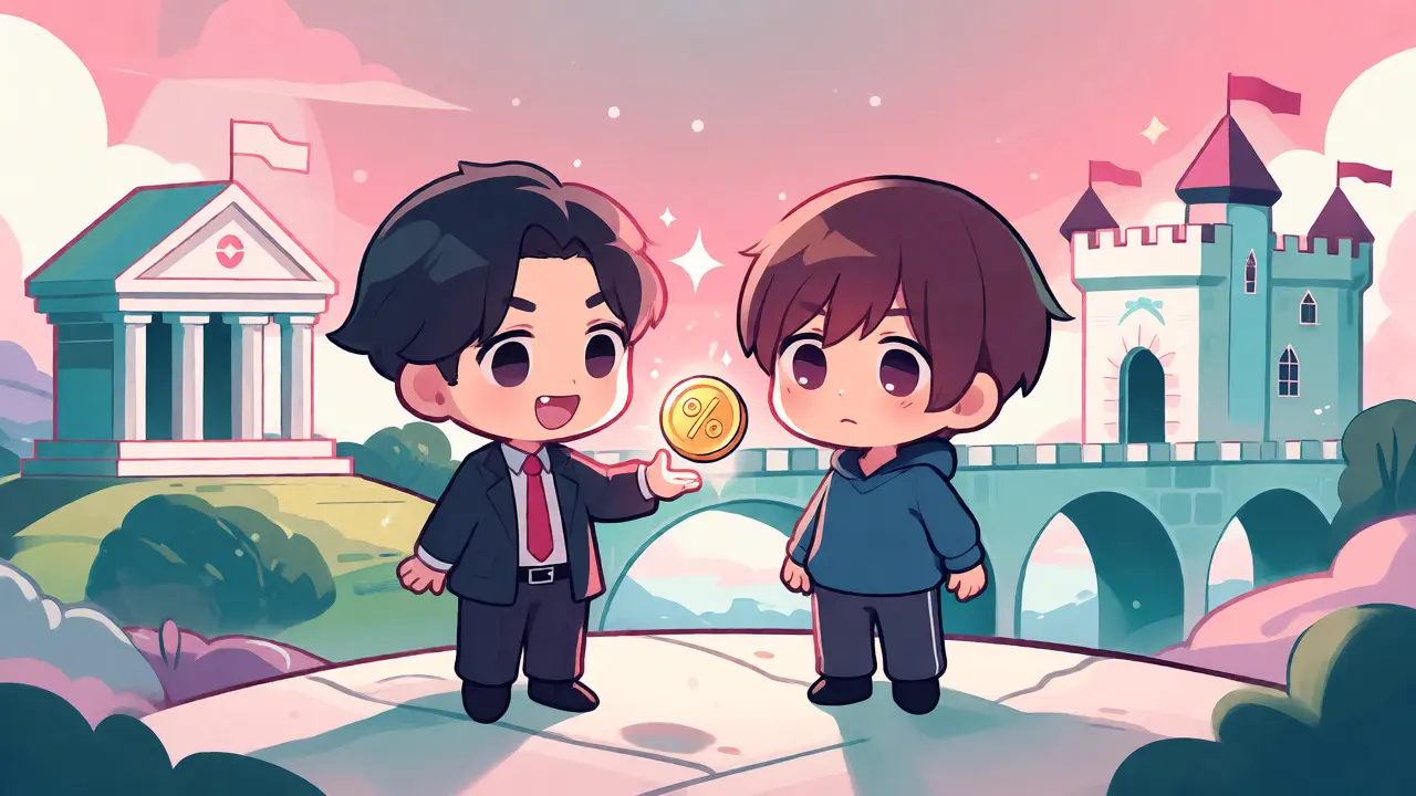 Chibi characters exchanging fiat for crypto across a stylized bridge