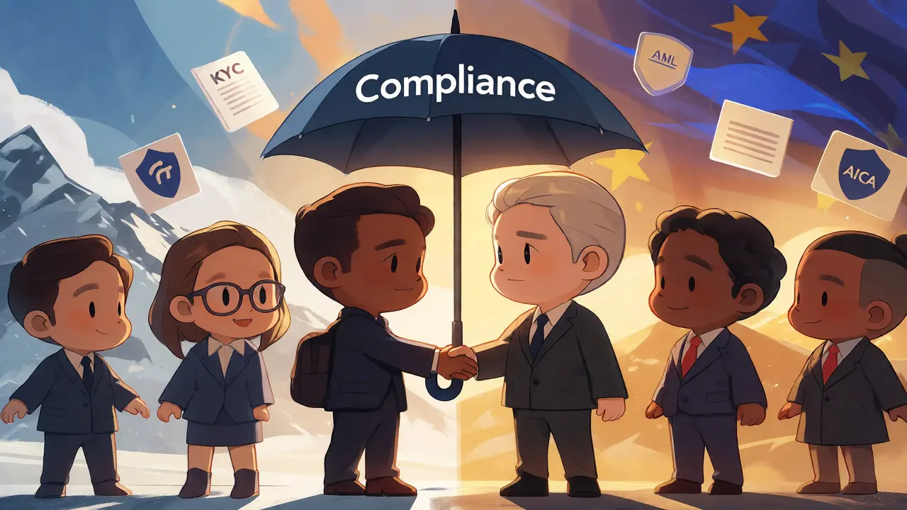 Chibi characters shaking hands under an umbrella symbolizing compliance.