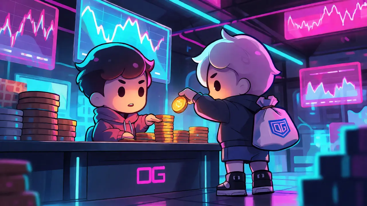 Chibi characters trading SOL for OG tokens at neon DEX counter