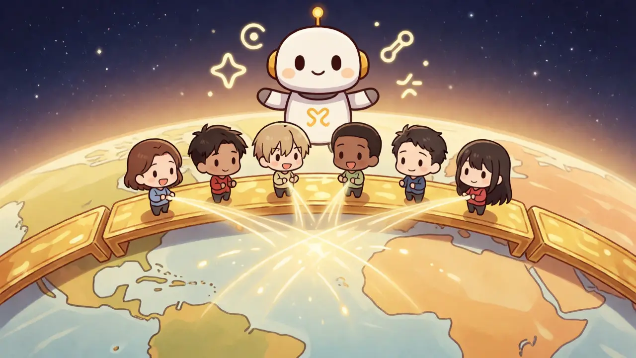 Chibi characters transferring funds globally via DeFi bridge