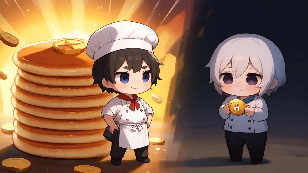 Chibi chef with pancakes versus shy character with tiny token