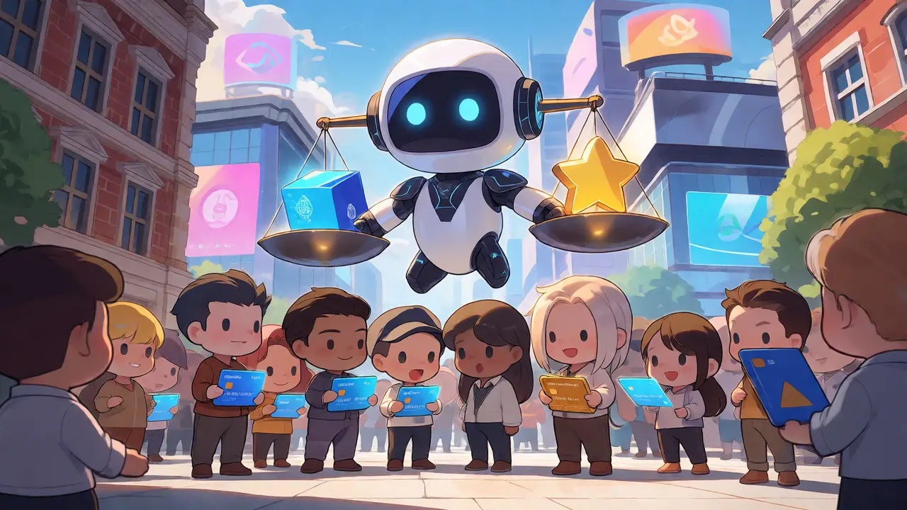 Chibi citizens using both CBDC cards and crypto phones under a balancing robot.