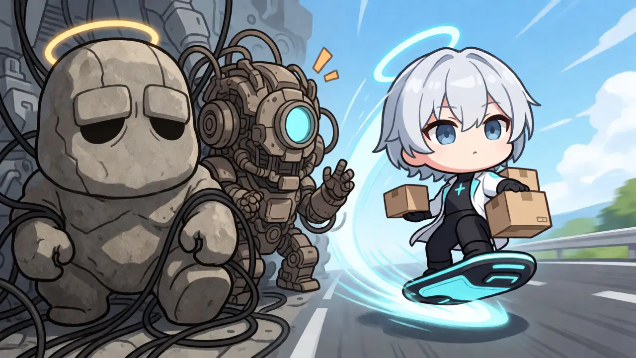 Chibi Electra speeding past slow traditional blockchain characters