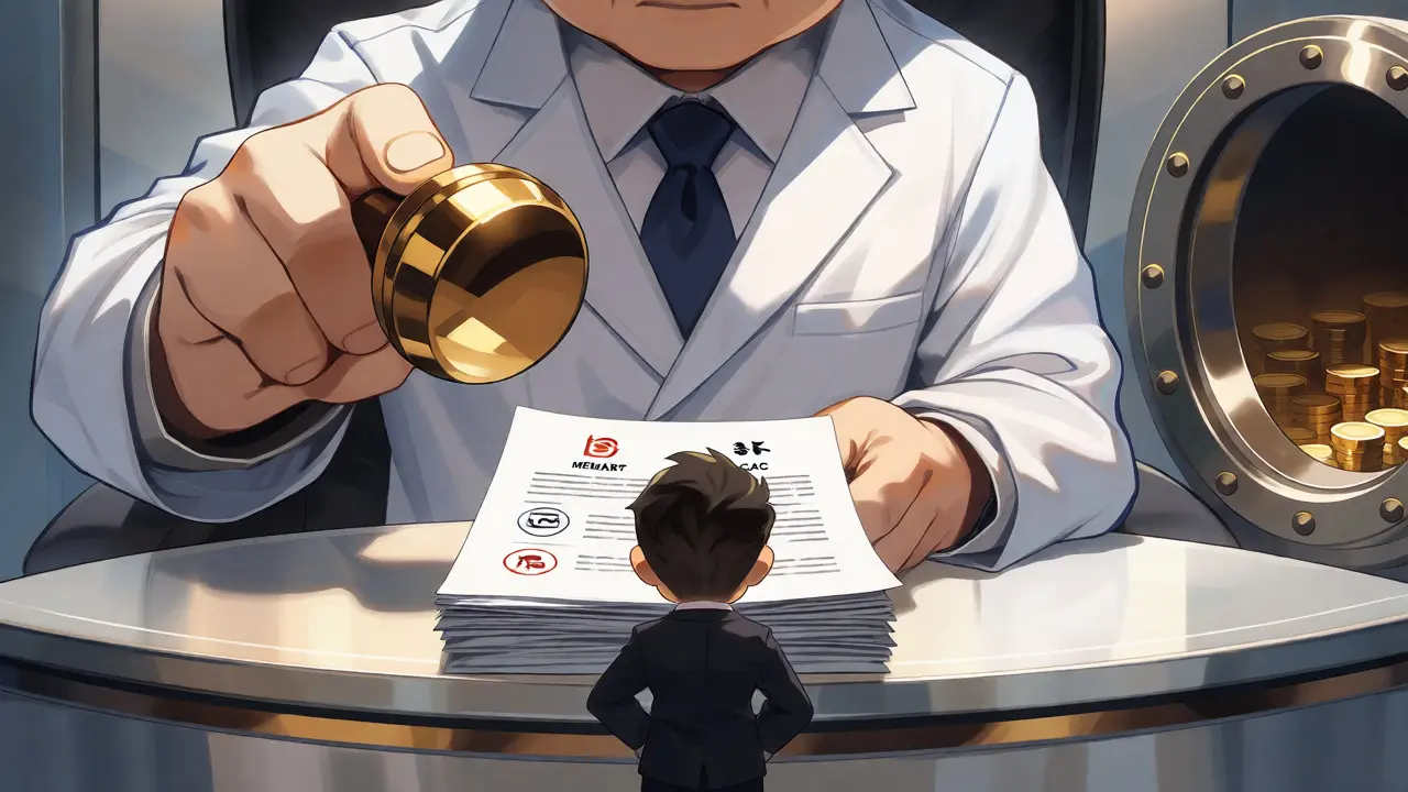 Chibi entrepreneur submitting documents to a stern SEC official near a gold vault.