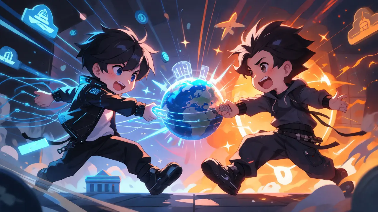 Chibi figures engaging in a tug-of-war over a globe representing cross-border payments.