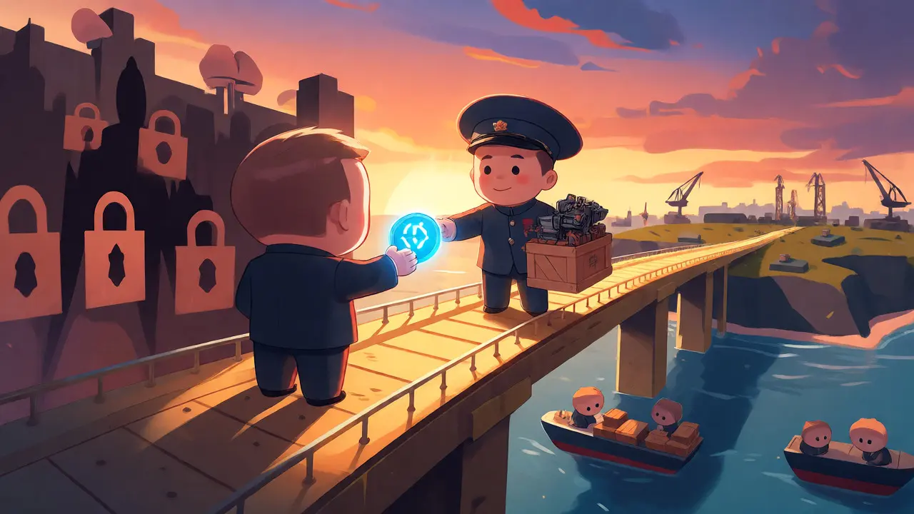 Chibi figures exchanging crypto for machinery across an international bridge.