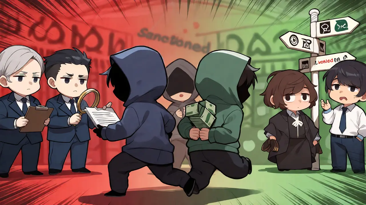 Chibi figures navigating a confusing crypto market with regulators and risky operators.
