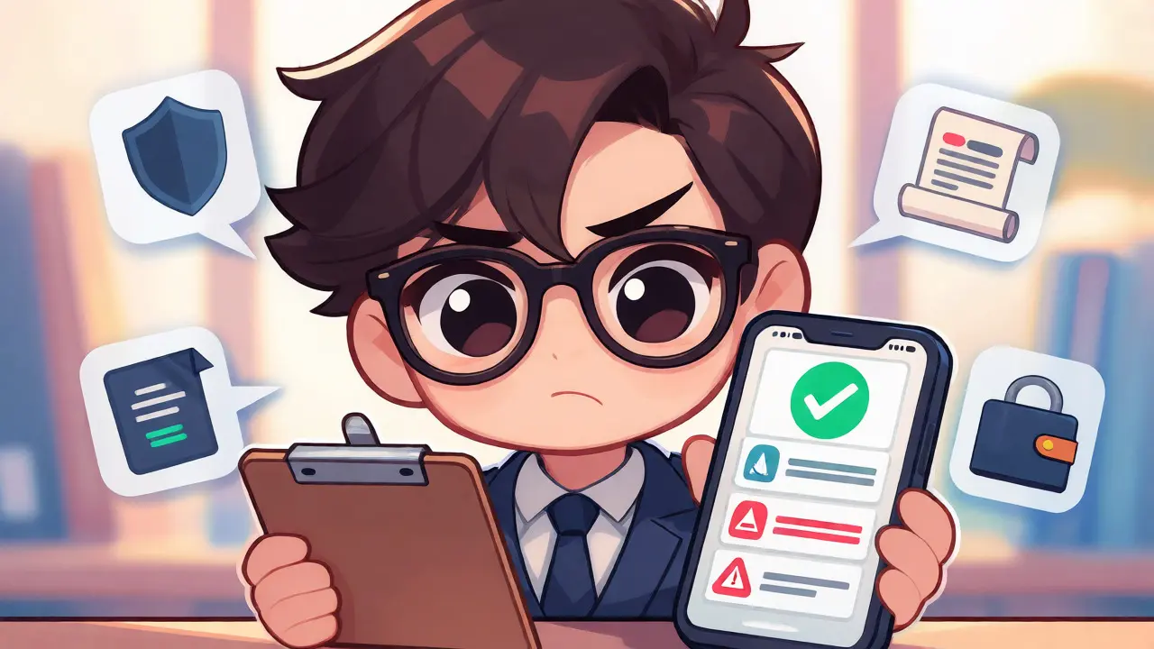 Chibi investor checking a verified status on a smartphone