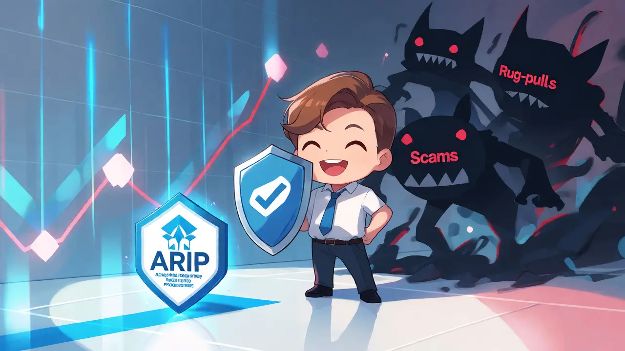 Chibi investor protected by a shield from shadowy scam monsters in a secure setting.