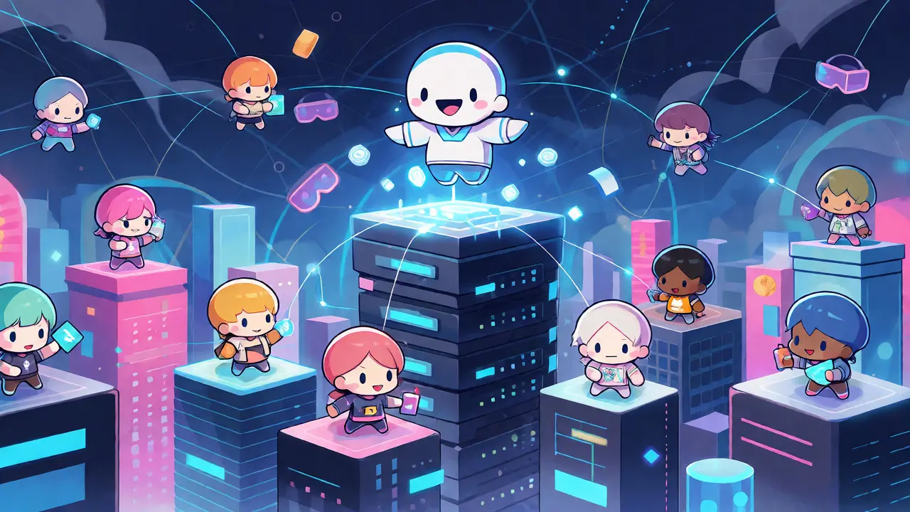 Chibi mascot distributing digital tokens to a network of avatars in a colorful metaverse city.
