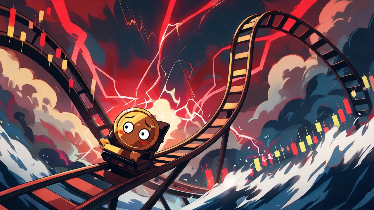 Chibi mascot riding a volatile rollercoaster amidst stormy crypto charts