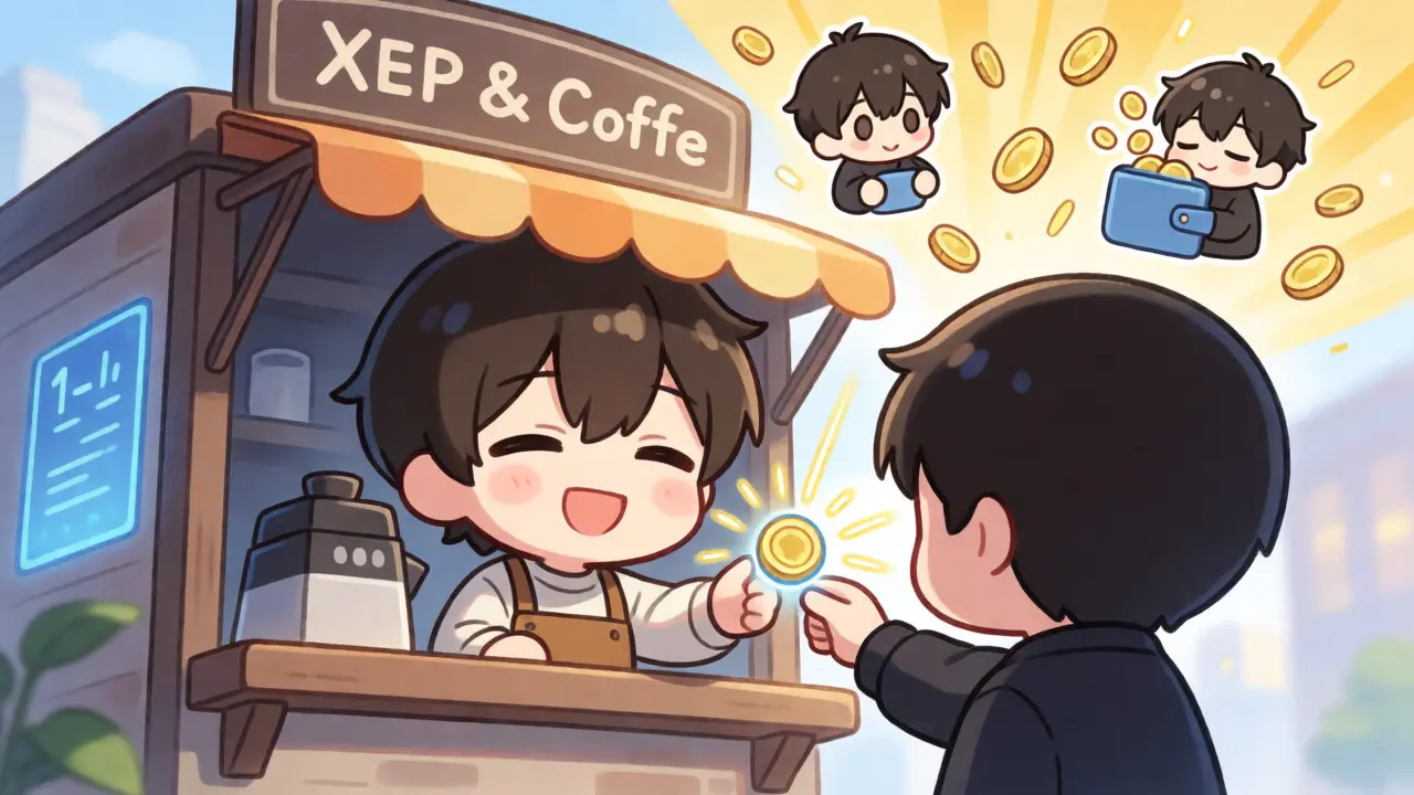 Chibi merchant receiving fast payment while another stakes for rewards