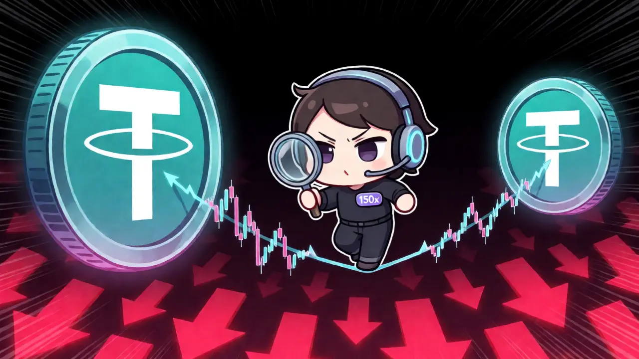 Chibi trader balancing on a Bitcoin chart with high leverage risk