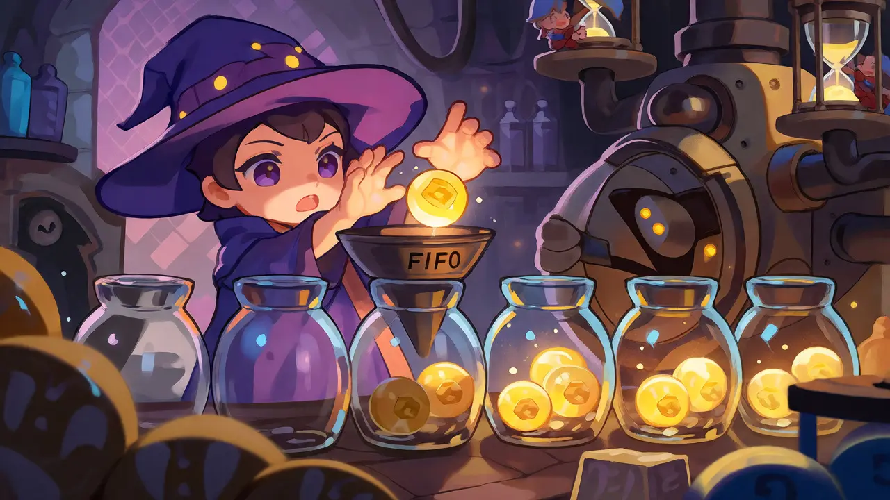 Chibi wizard sorting crypto orbs using FIFO method in an alchemy lab