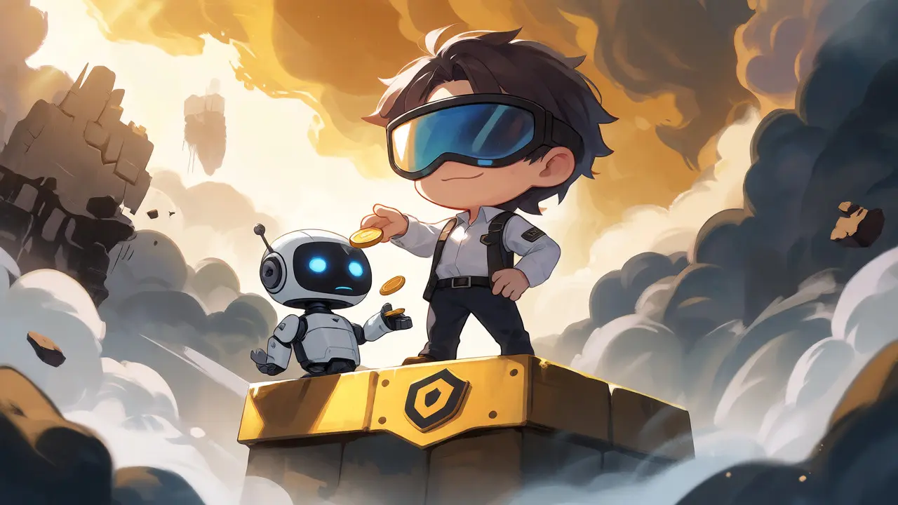 Confident chibi trader on a safe golden platform while storms rage in the background.