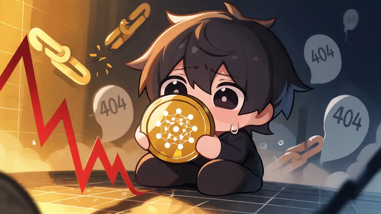 Distressed chibi character watching a crypto price chart crash dramatically.