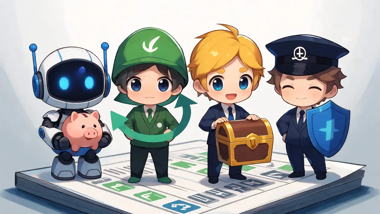 Four chibi mascots representing different types of Swiss crypto licenses.