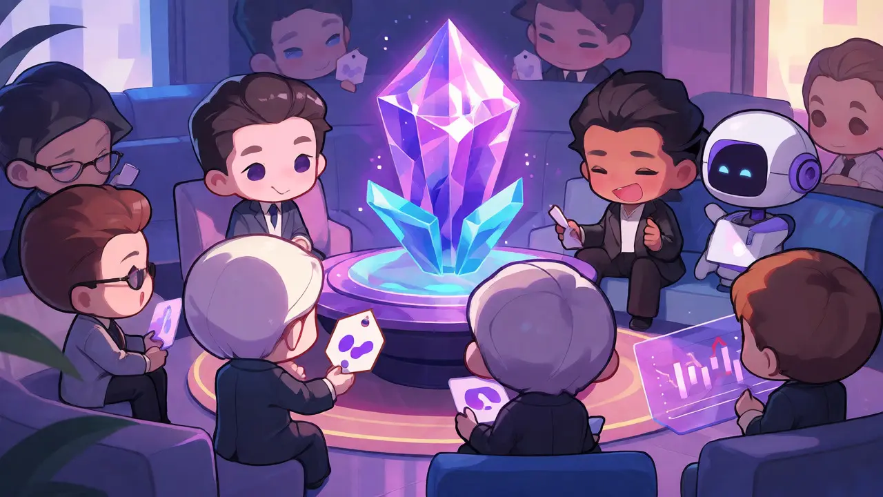Group of chibi investors gathering around a glowing KRRX token crystal
