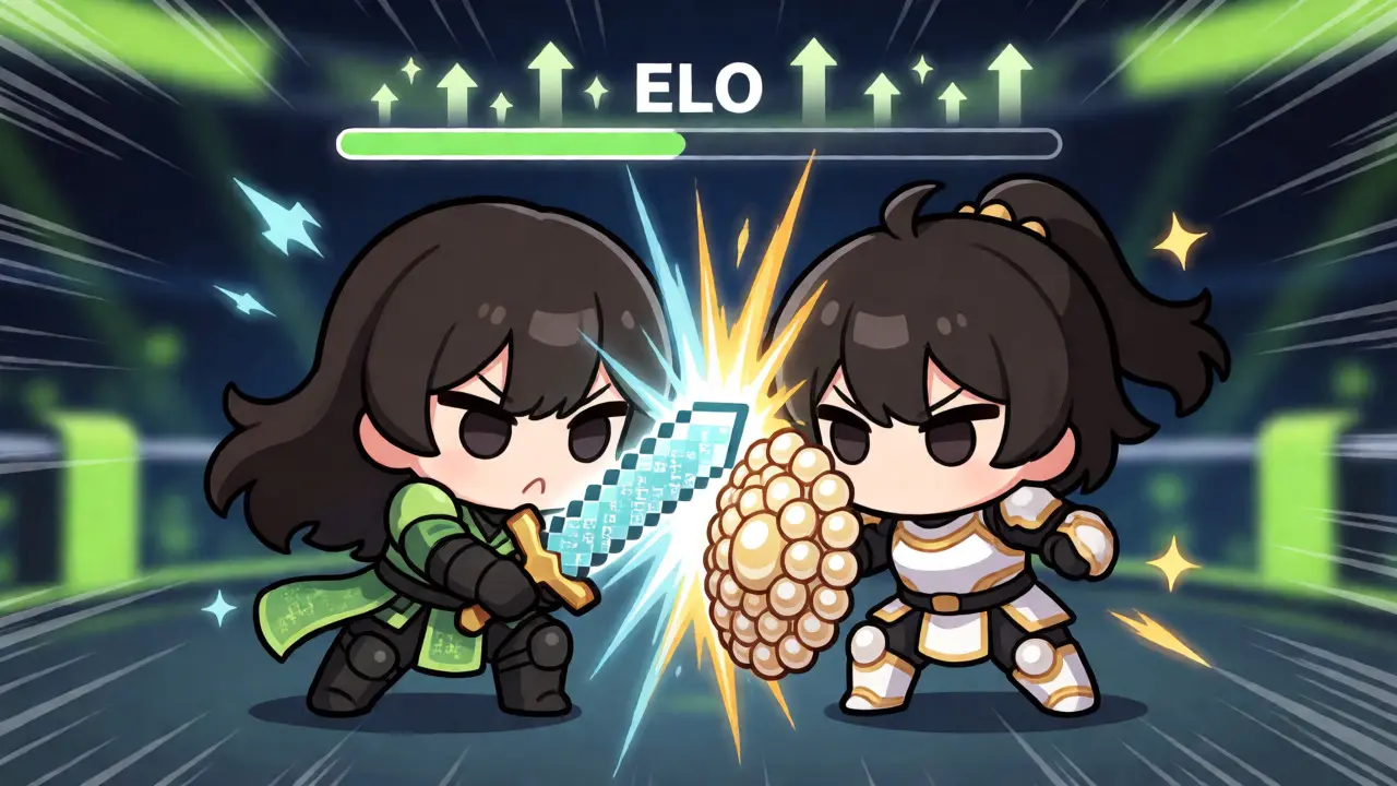 Intense chibi anime battle scene with glowing weapons and ELO meters