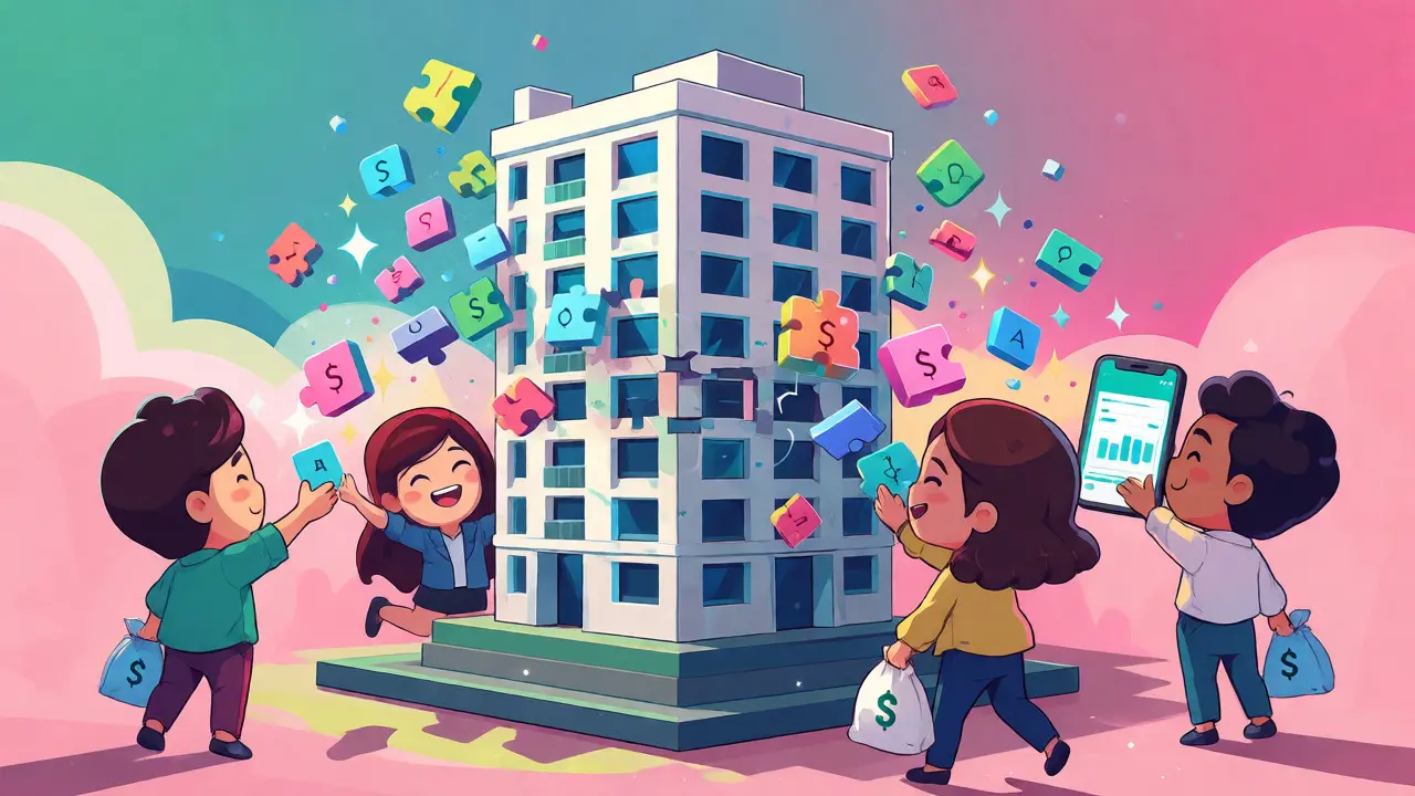 Investors collecting fractional ownership tokens from a tokenized apartment building