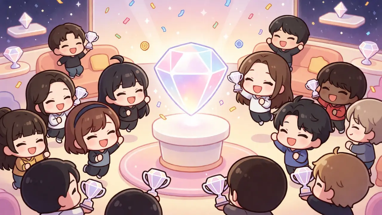 Joyful chibi anime crowd celebrating PEARL token reward distribution