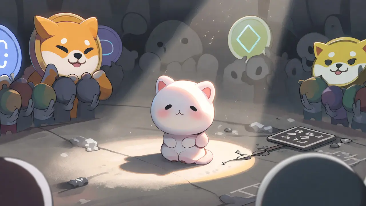 Lonely chibi BITTY mascot on an empty stage ignoring by fans