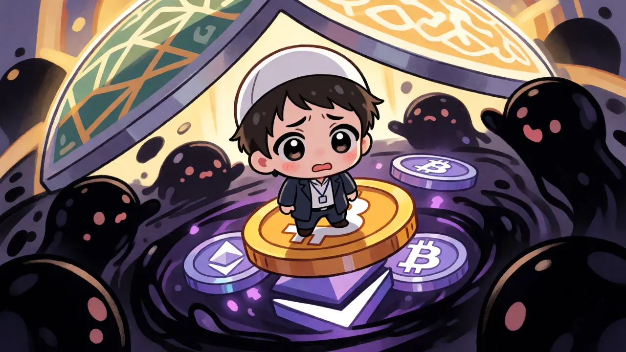 Nervous chibi investor on volatile crypto platform amidst shadowy security risks