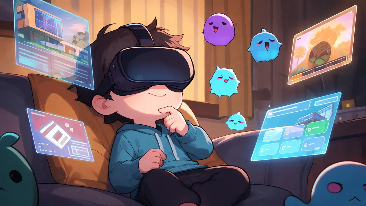 Relaxed chibi character exploring virtual assets and NFTs through a VR headset interface.