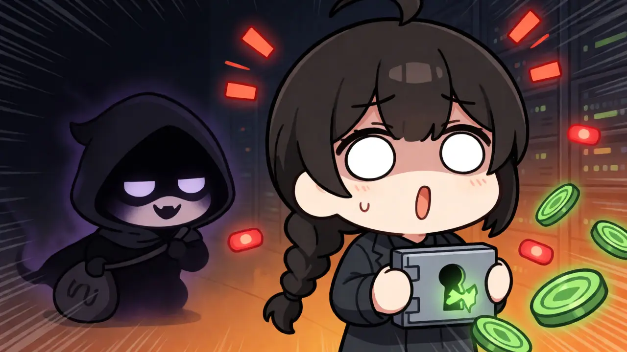 Shadowy thief stealing tokens from a smart contract guardian.