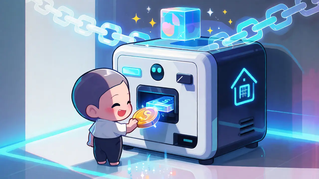 Smart contract vending machine instantly issuing digital property deeds to buyers