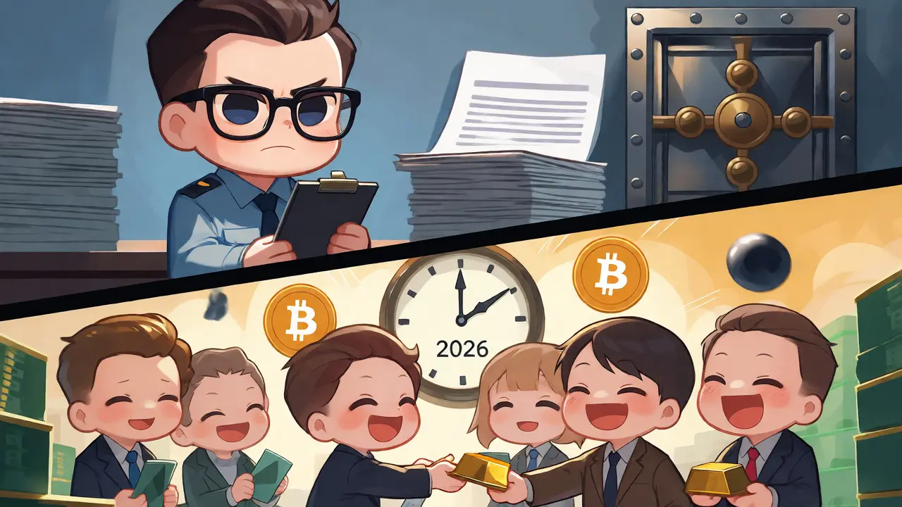 Split view of strict regulators and citizens using fiat currency instead of crypto.